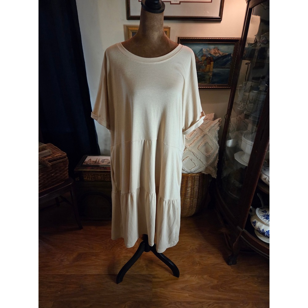 Fashion Cream Tiered T-Shirt‎ Dress Cuffed Sleeve Midi with Pockets XXL